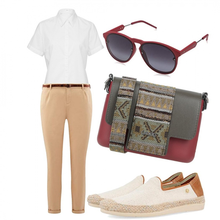Outfit donna - Casual. Stile Casual per Tutti i giorni. Abbinamento con camicie a manica corta, borse a tracolla, mocassini, pantaloni capri, occhiali da sole.