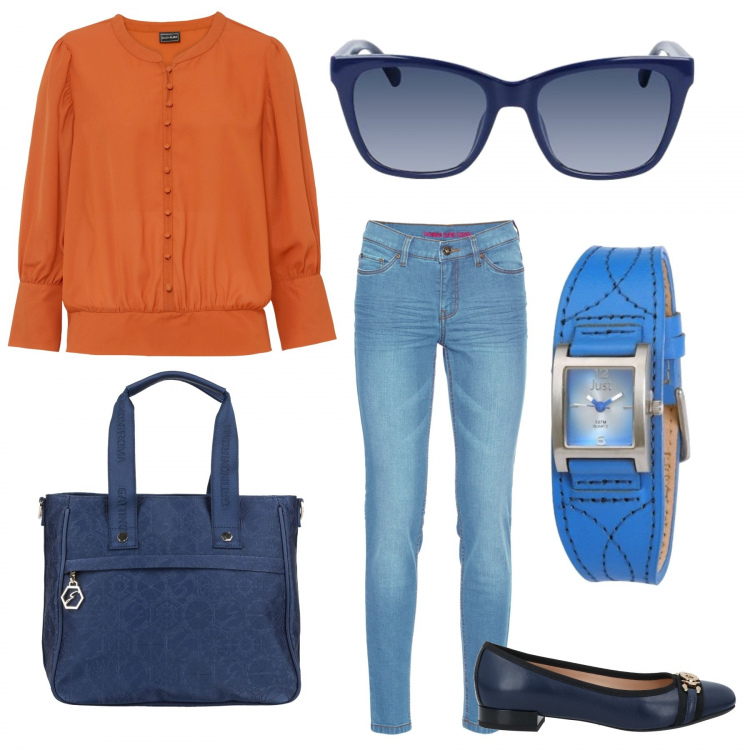 Outfit donna - Total look #1144423. Stile Casual per Tutti i giorni. Abbinamento con jeans skinny, bluse, ballerine, borse a mano, orologi, occhiali da sole.