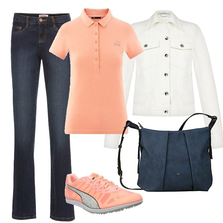 Outfit donna - Jeans e rosa salmone (vegan look). Stile Basic per Tutti i giorni. Abbinamento con jeans bootcut, giacche, borse a tracolla, polo, sneakers.