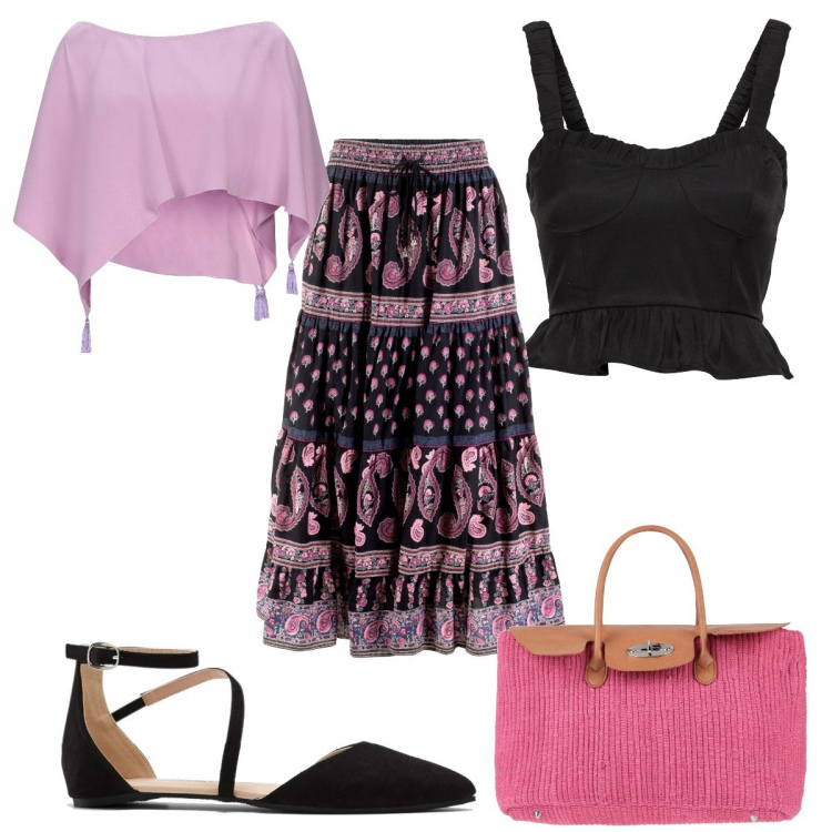 Outfit donna - Boho in lilla. Stile Boho per Tutti i giorni. Abbinamento con gonne lunghe, ballerine, cappe, borse a mano, top.