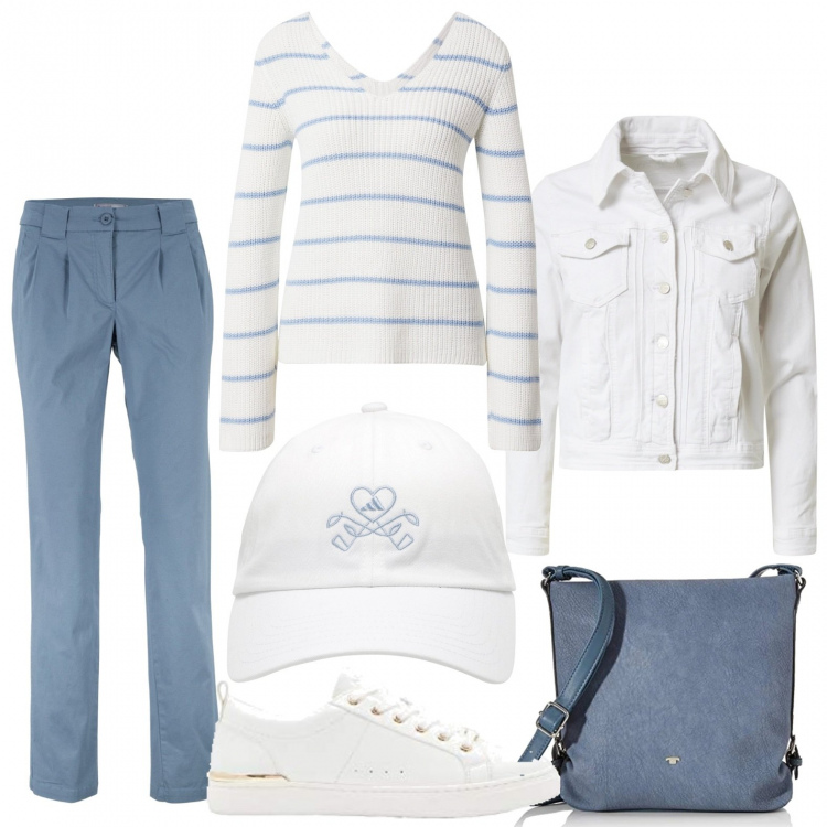 Outfit donna - Bianco e carta da zucchero. Stile Casual per Scuola/Università. Abbinamento con pantaloni chino, pullovers, borse a tracolla, ballerine, giacche, cappelli con visiera.