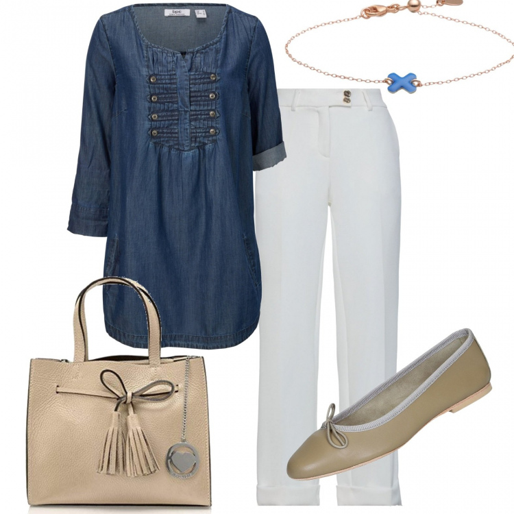 Outfit donna - Settembre frizzantino. Stile Casual chic per Ufficio. Abbinamento con bluse, pantaloni, braccialetti, ballerine, borse a mano.