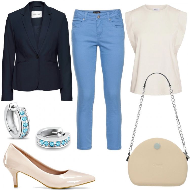 Outfit donna - Total look ufficio. Stile Basic per Ufficio. Abbinamento con blazer, pantaloni, décolleté, borse a spalla, top, orecchini.