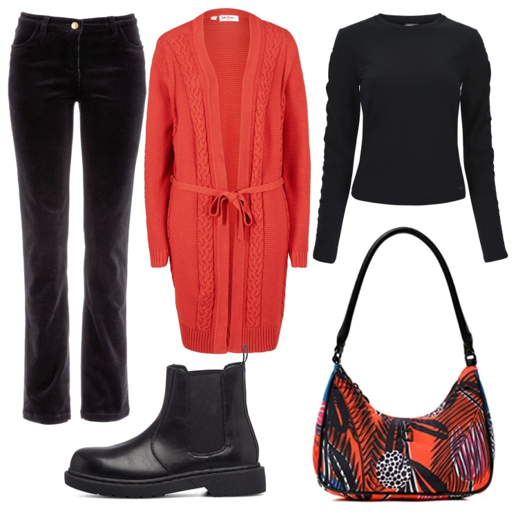 Outfit donna - La borsa con stampa. Stile Basic per Tutti i giorni. Abbinamento con pantaloni, cappotti, maglieria, stivaletti, borse a spalla.
