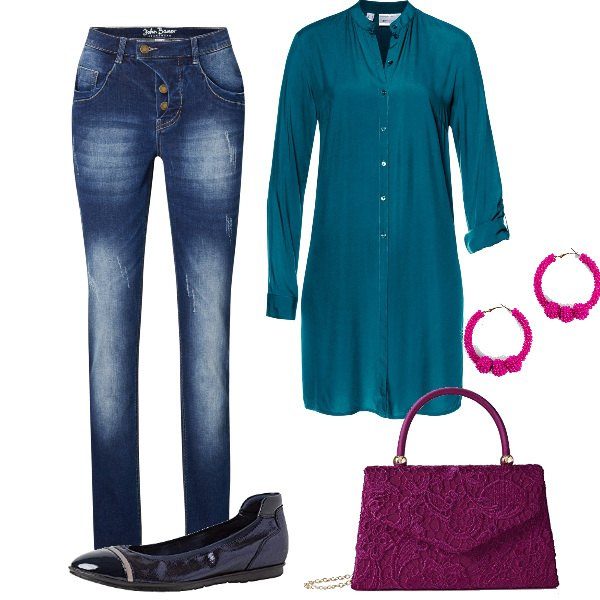 Outfit donna - Il camicione. Stile Urban per Tutti i giorni. Abbinamento con camicie, orecchini, jeans dritti, ballerine, borse a mano.