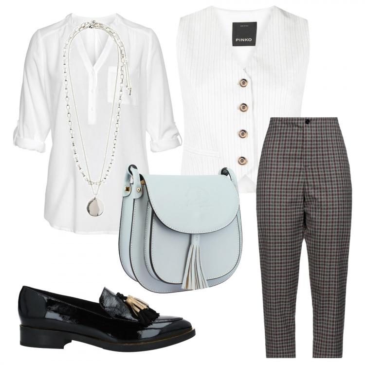 Outfit donna - Total look #1145580. Stile Mannish per Tutti i giorni. Abbinamento con pantaloni capri, mocassini, borse a tracolla, blazer, camicie, collane.