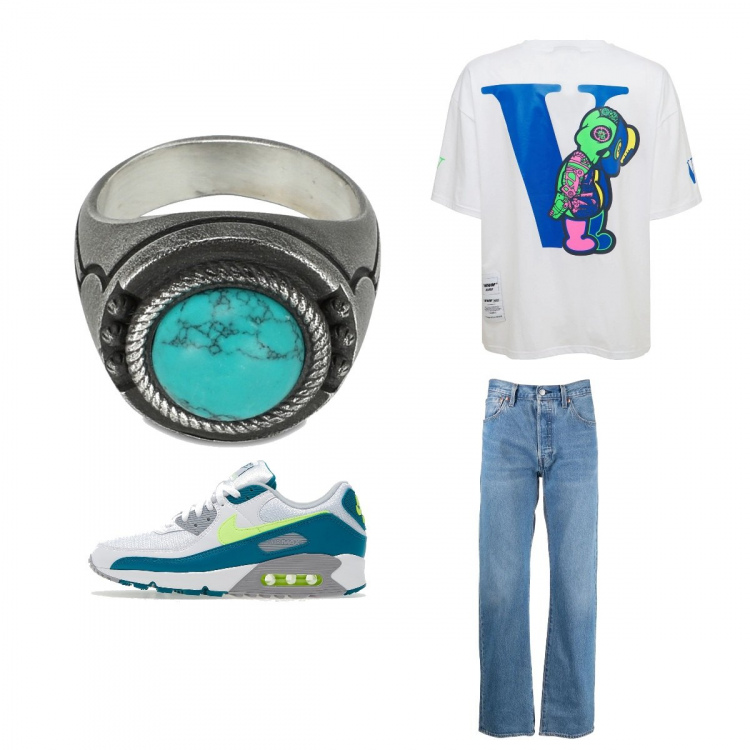 Outfit uomo - Casual #22595. Stile Casual per Tutti i giorni. Abbinamento con jeans dritti, anelli, t-shirt, sneakers.