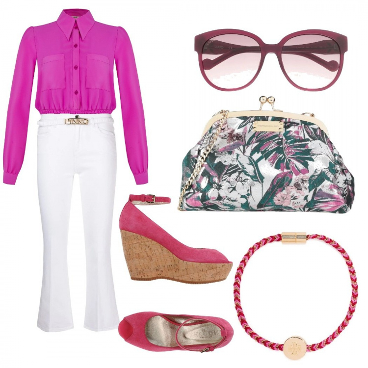 Outfit donna - Aperitivo del venerdì. Stile Romantica per Serata fuori. Abbinamento con décolleté, borse a tracolla, pantaloni a palazzo, braccialetti, occhiali da sole, camicie.