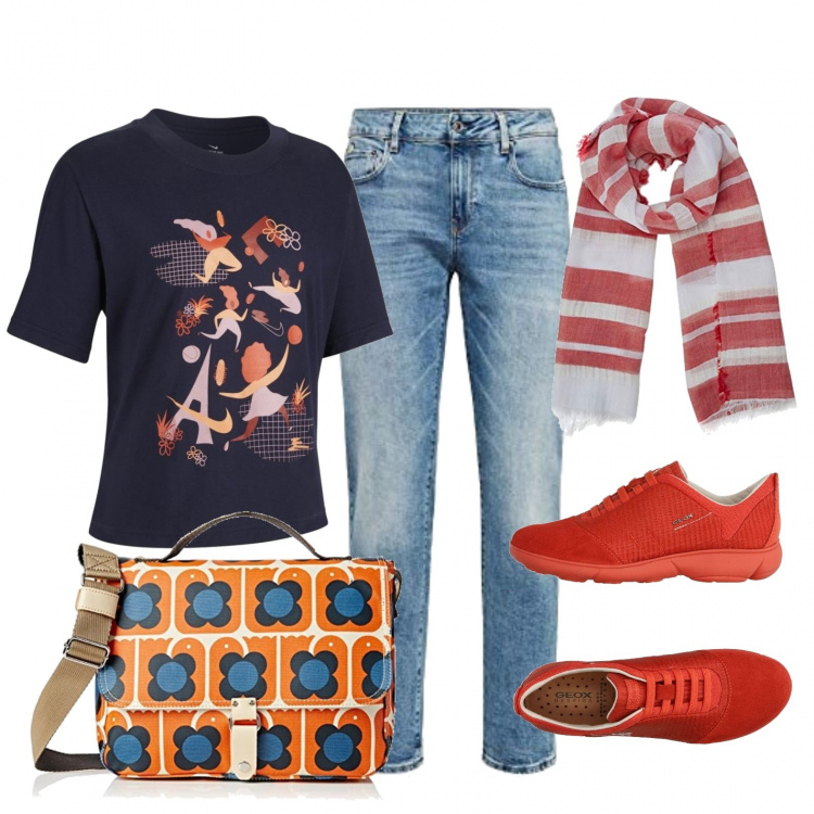 Outfit donna - Borsa anni 70, jeans e scarpe arancioni. Stile Vintage retrò per Scuola/Università. Abbinamento con sneakers, t-shirt, borse a tracolla, jeans boyfriend, stole.