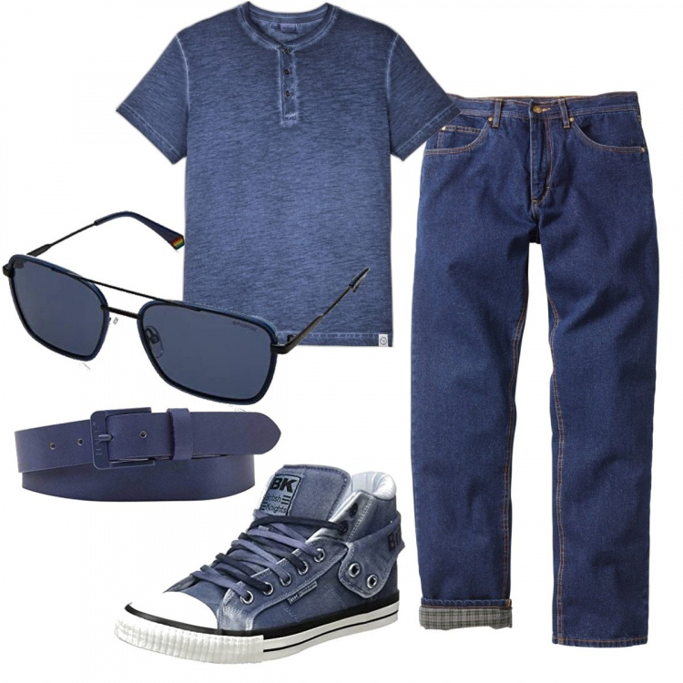 Outfit uomo - Casual #22768. Stile Casual per Tutti i giorni. Abbinamento con jeans dritti, t-shirt, occhiali da sole, cinture, sneakers.
