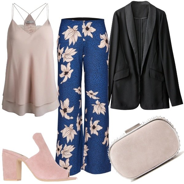 Outfit donna - Floreale giapponese. Stile Chic per Serata fuori. Abbinamento con sandali effetto scamosciato con tacco geometrico interno foderato con punta tonda tinta unita, pantalone con stampa elasticizzato blu, top con pizzo effetto satinato senza maniche pastello, giacca, pochette con strass.