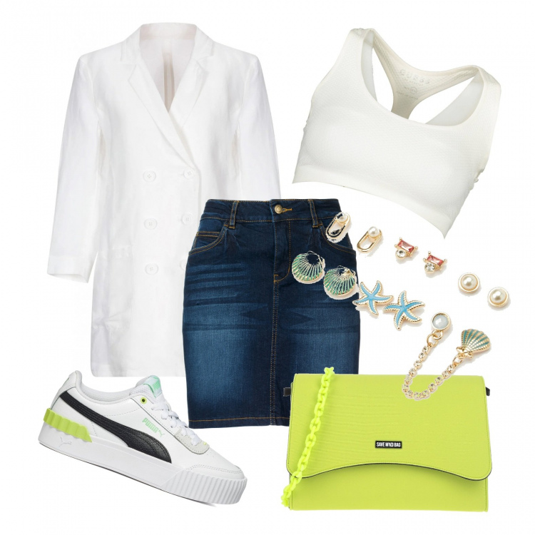 Outfit donna - Dinamica e comoda. Stile Urban per Tutti i giorni. Abbinamento con gonne, blazer, borse a tracolla, orecchini, sneakers, top.
