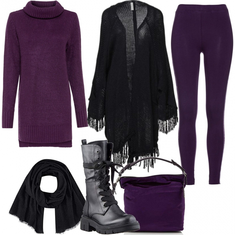 Outfit donna - Anfibi alti neri. Stile Rock per Serata fuori. Abbinamento con maglieria, leggings, cappe, stivali, borse a tracolla, sciarpe.