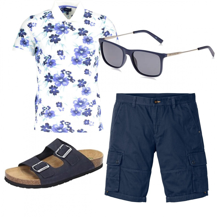 Outfit uomo - Casual #22799. Stile Casual per Mare. Abbinamento con bermuda, polo, sandali, occhiali da sole.