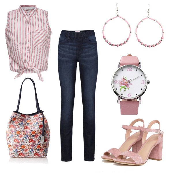 Outfit donna - Camicia con nodo. Stile Trendy per Tutti i giorni. Abbinamento con jeggings, camicia a righe senza maniche bianco, sandali con tacco largo rosa, borsa tote in denim bianco, orologio con cinturino rosa, orecchini rosa.