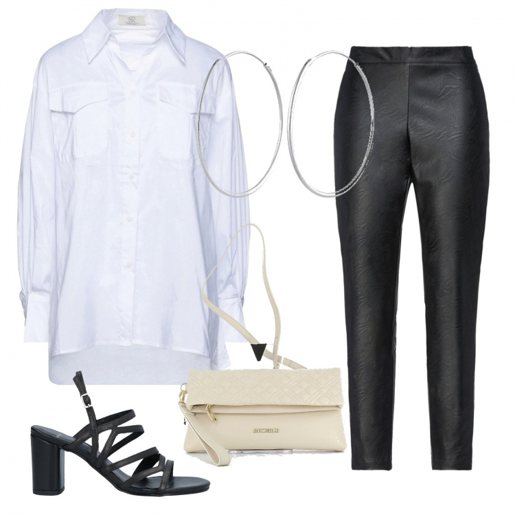 Outfit donna - Chic e comoda in città. Stile Casual chic per Tutti i giorni. Abbinamento con camicie, pantaloni, sandali col tacco, borse a tracolla, orecchini.