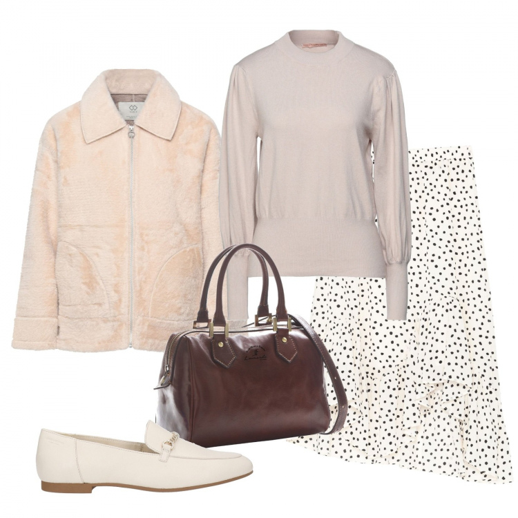 Outfit donna - Autunno in ufficio. Stile Romantica per Ufficio. Abbinamento con gonne longuette, pullovers, cappotti, mocassini, borse a mano.