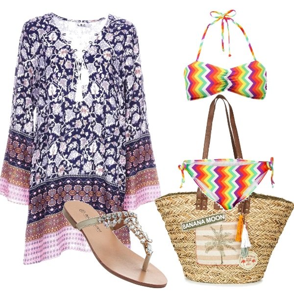 Outfit donna - Trendy #13555. Stile Trendy per Mare. Abbinamento con bikini con fasce, infradito oro, borsa beige, tunica con lacci in viscosa con nappine.