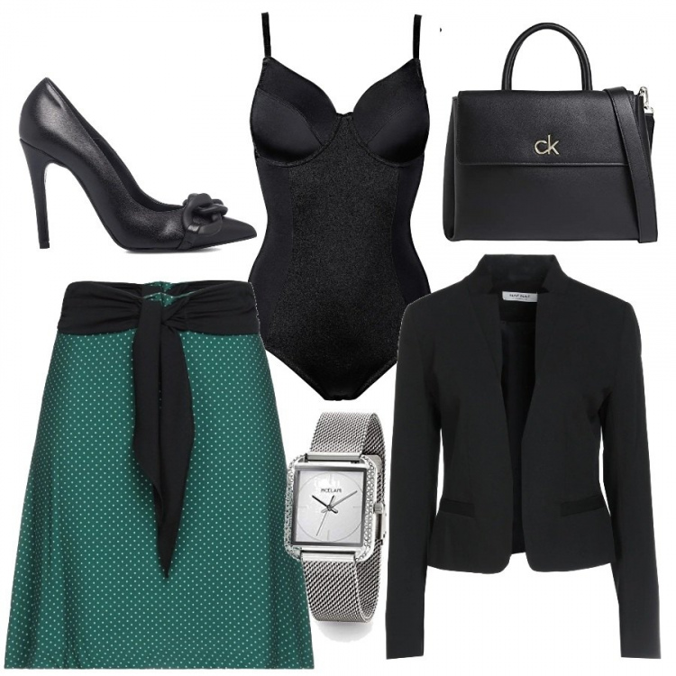 Outfit donna - Total look #1148654. Stile Chic per Ufficio. Abbinamento con body, gonne longuette, blazer, décolleté, borse tote, orologi analogici.
