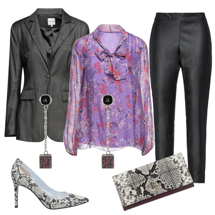 Outfit donna - Accessori animalier e blusa a fiori. Stile Mannish per Serata fuori. Abbinamento con bluse, pantaloni, borse a mano, blazer, décolleté, orecchini.