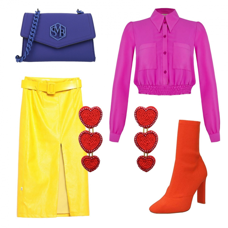 Outfit donna - Uscita con le amiche. Stile Trendy per Tutti i giorni. Abbinamento con orecchini, borse a tracolla, gonne longuette, camicie, stivali.