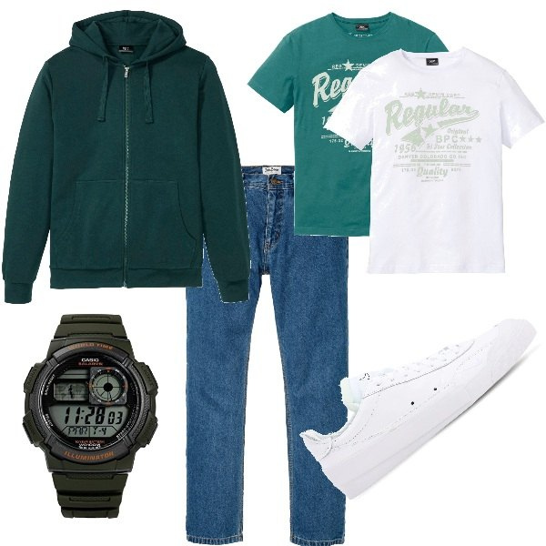 Outfit uomo - Casual low cost. Stile Urban per Tutti i giorni. Abbinamento con jeans dritti, felpe con cappuccio, t-shirt, orologi digitali, sneakers.