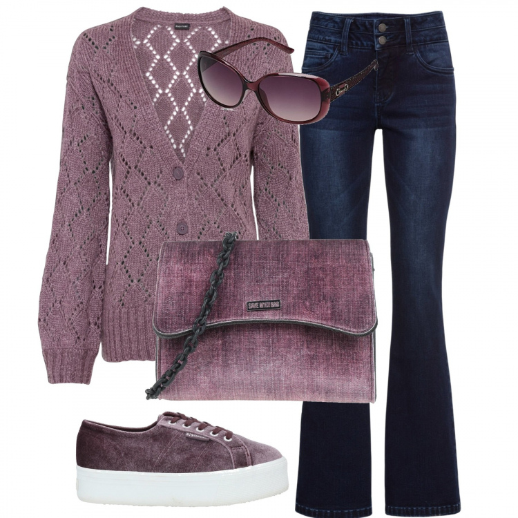 Outfit donna - Un po\'di lilla. Stile Casual per Tutti i giorni. Abbinamento con jeans bootcut, cardigans, sneakers, borse a tracolla, occhiali da sole.