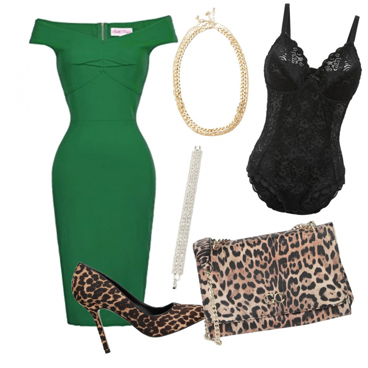 Outfit donna - Un insolito abbinamento. Stile Chic per Ufficio. Abbinamento con body, décolleté, borse a tracolla, braccialetti, collane, vestiti.