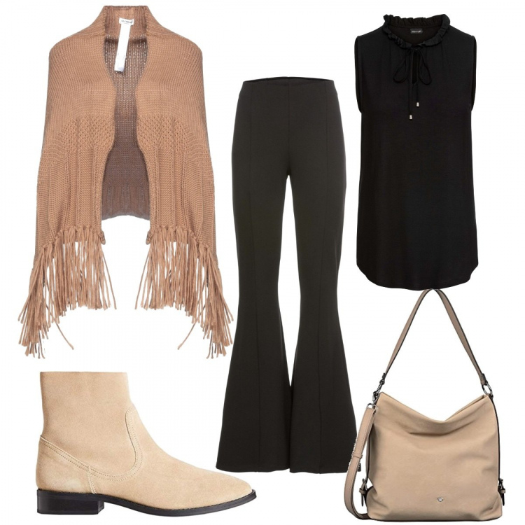 Outfit donna - Cappa e pantaloni a zampa. Stile Etnico per Tutti i giorni. Abbinamento con pantaloni, top, cappe, stivaletti, borse a spalla.