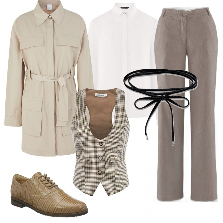 Outfit donna - Colombo (vegan look). Stile Mannish per Tutti i giorni. Abbinamento con pantaloni, trench, blazer, ciondoli, camicie, scarpe stringate.