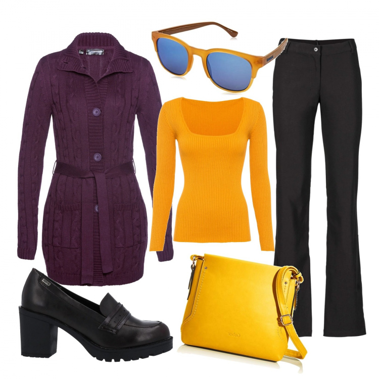 Outfit donna - Ritorno alla normalità. Stile Casual per Ufficio. Abbinamento con pantaloni, maglieria, cardigans, mocassini, borse a tracolla, occhiali da sole.