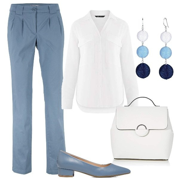 Outfit donna - Il lavoro di Alessandra. Stile Basic per Ufficio. Abbinamento con pantaloni chino, décolleté, camicie, borse a mano, orecchini.