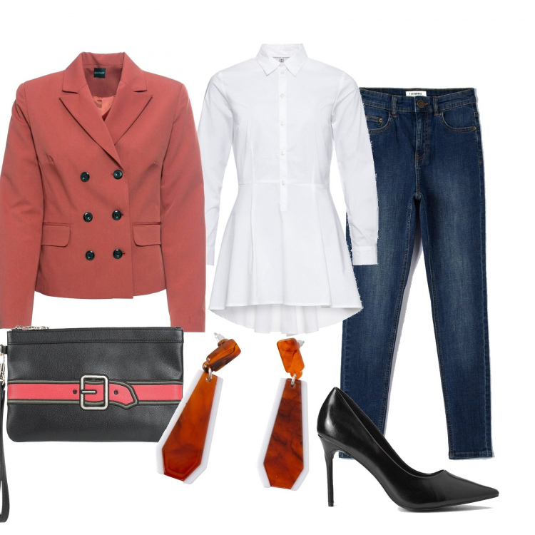 Outfit donna - Colloquio di lavoro. Stile Chic per Ufficio. Abbinamento con camicie, blazer, borse a mano, jeans skinny, décolleté, orecchini.