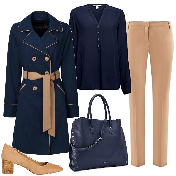 Outfit donna - Un trench per Alessandra. Stile Chic per Ufficio. Abbinamento con trench, pantaloni, borse a mano, camicie, scarpe col tacco.