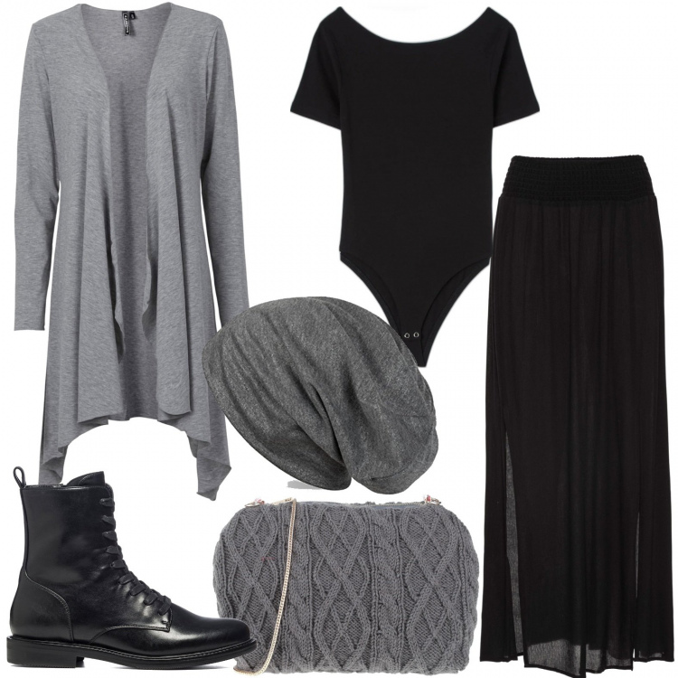 Outfit donna - Ritrovo tra amici. Stile Urban per Serata fuori. Abbinamento con gonne lunghe, cardigans, borse a tracolla, t-shirt, anfibi, berretti.