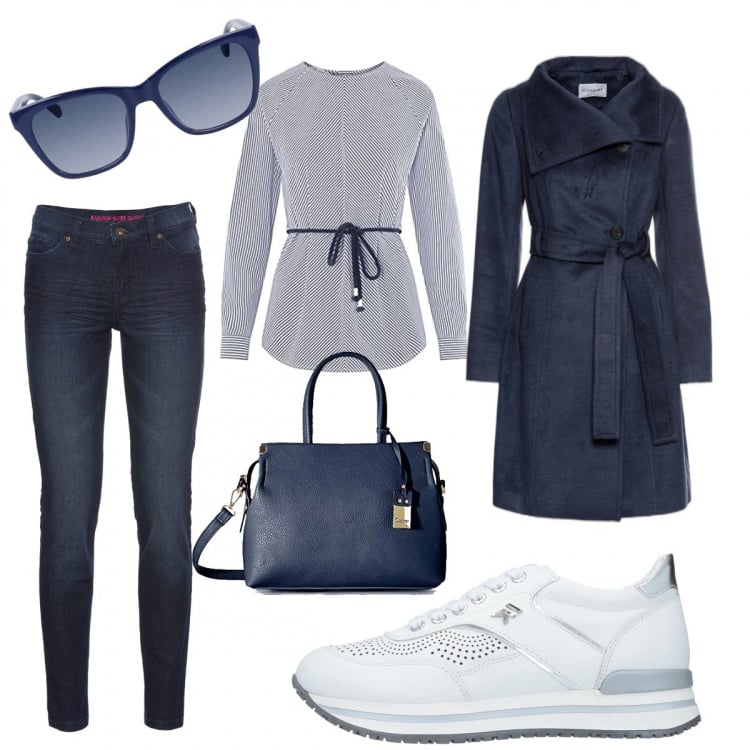 Outfit donna - Sporty chic. Stile Sporty chic per Tutti i giorni. Abbinamento con jeans skinny, cappotti, sneakers, camicie, shopping bag, occhiali da sole.
