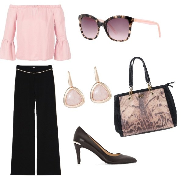 Outfit donna - Wedding planner in giro per lavoro. Stile Chic per Tutti i giorni. Abbinamento con borse a mano, occhiali da sole fantasia multicolore montatura in plastica, camicetta rosa, pantalone wide leg a righe con pieghe nero, orecchini rosa, décolleté con tacco spillo.