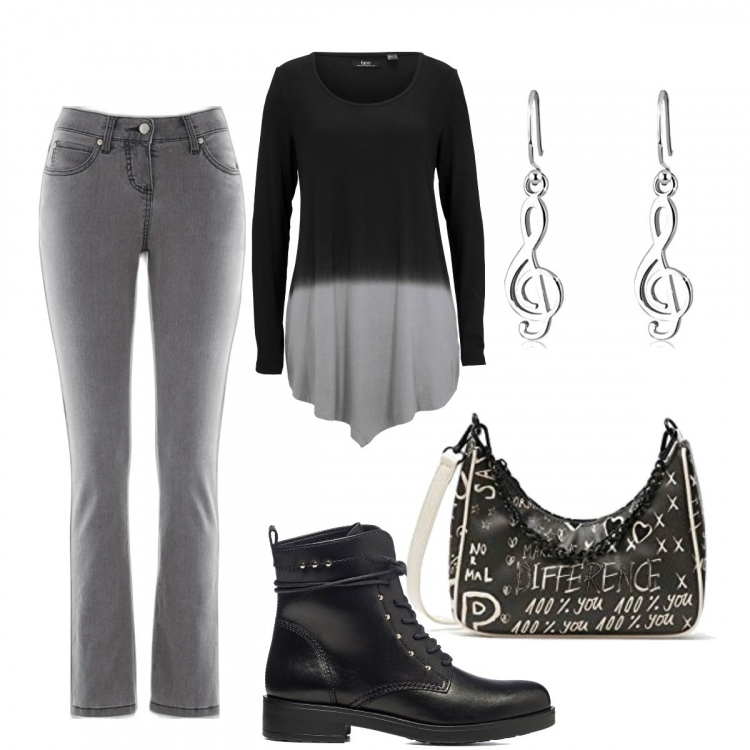 Outfit donna - Al Conservatorio. Stile Basic per Tutti i giorni. Abbinamento con jeans slim fit, maglieria, anfibi, borse a spalla, orecchini.