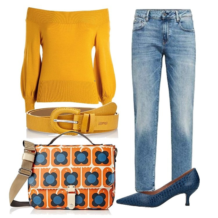 Outfit donna - Vin-t-age for Ever. Stile 70s per Ufficio. Abbinamento con décolleté, maglieria, borse a tracolla, jeans boyfriend, cinture.