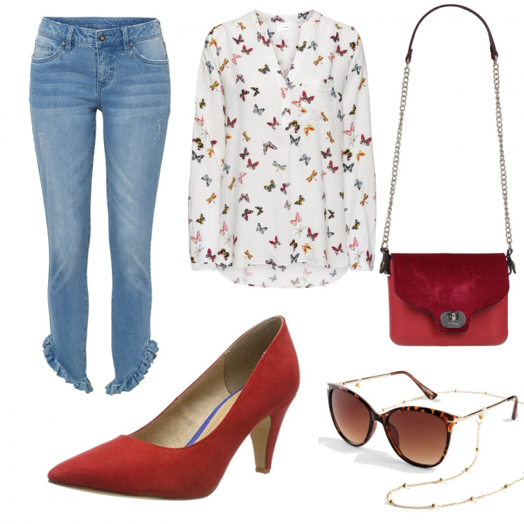 Outfit donna - Rosso fashion. Stile Basic per Tutti i giorni. Abbinamento con bluse, jeans skinny, occhiali da sole, borse a spalla, scarpe col tacco.