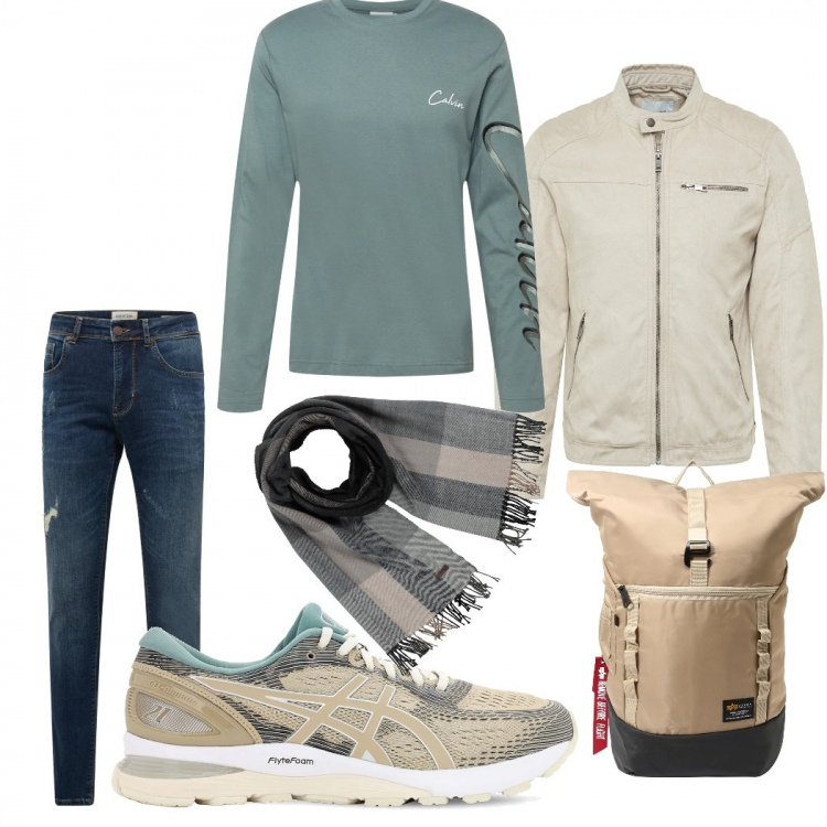 Outfit uomo - Picnic al parco. Stile Casual per Tutti i giorni. Abbinamento con sciarpe, borse sportive, giacche, t-shirt, sneakers, jeans.