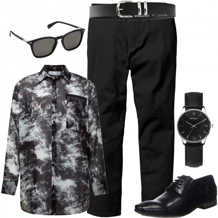 Outfit uomo - Total black giorno. Stile Business/Elegante per Tutti i giorni. Abbinamento con pantaloni chino, cinture, camicie, orologi analogici, occhiali da sole, scarpe stringate.