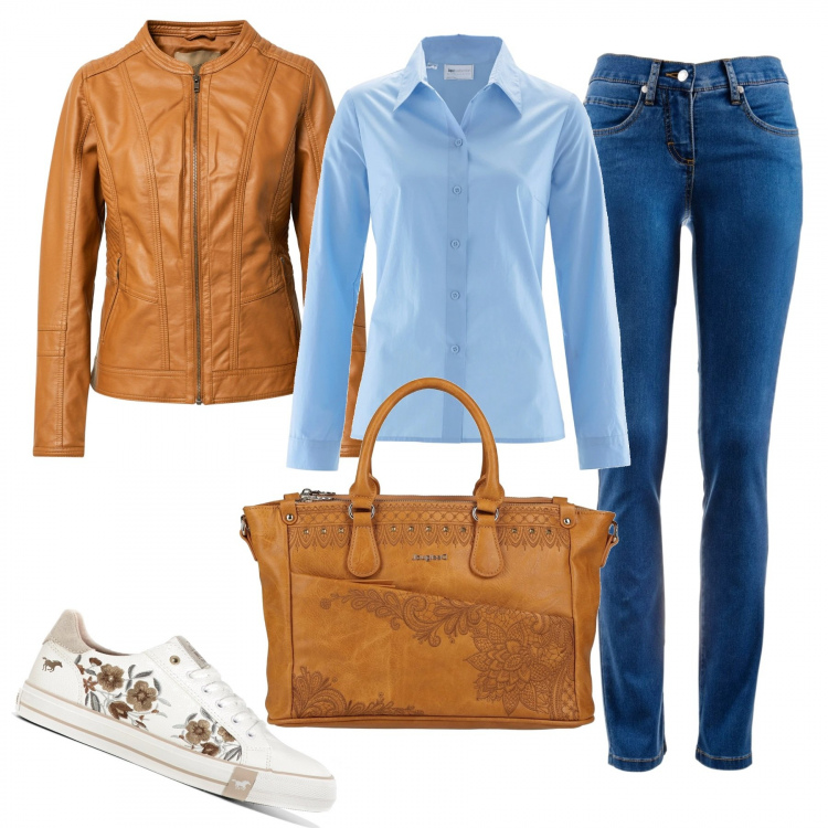 Outfit donna - Color block. Stile Basic per Tutti i giorni. Abbinamento con sneakers, jeans dritti, camicie, borse a mano, giacche.