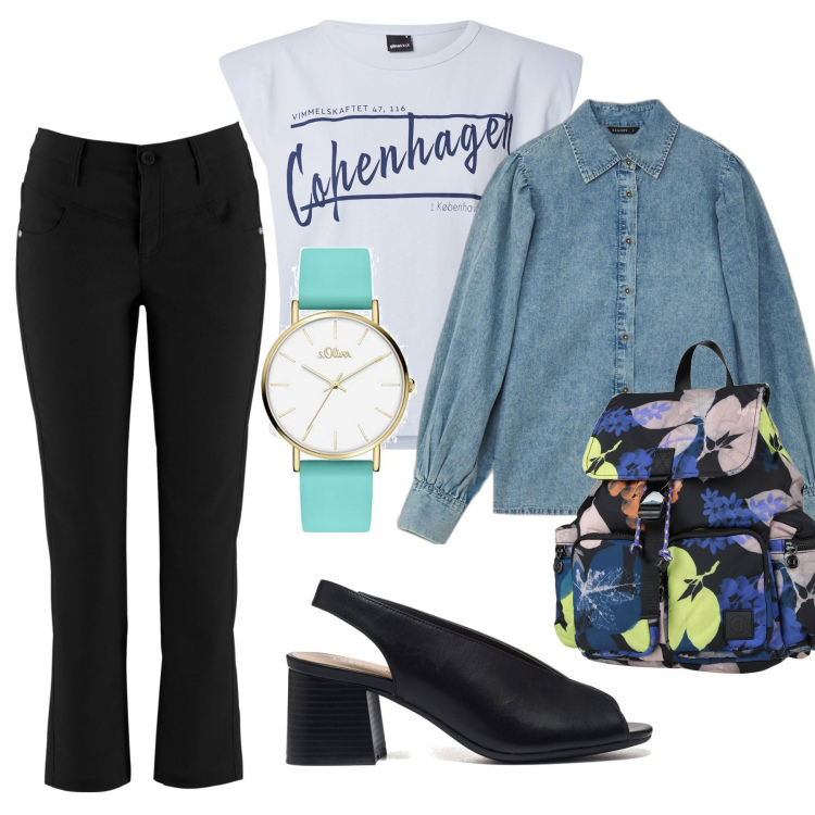 Outfit donna - Total look #1149905. Stile Urban per Tutti i giorni. Abbinamento con pantaloni, zaini, camicie, sandali in pelle, t-shirt, orologi.
