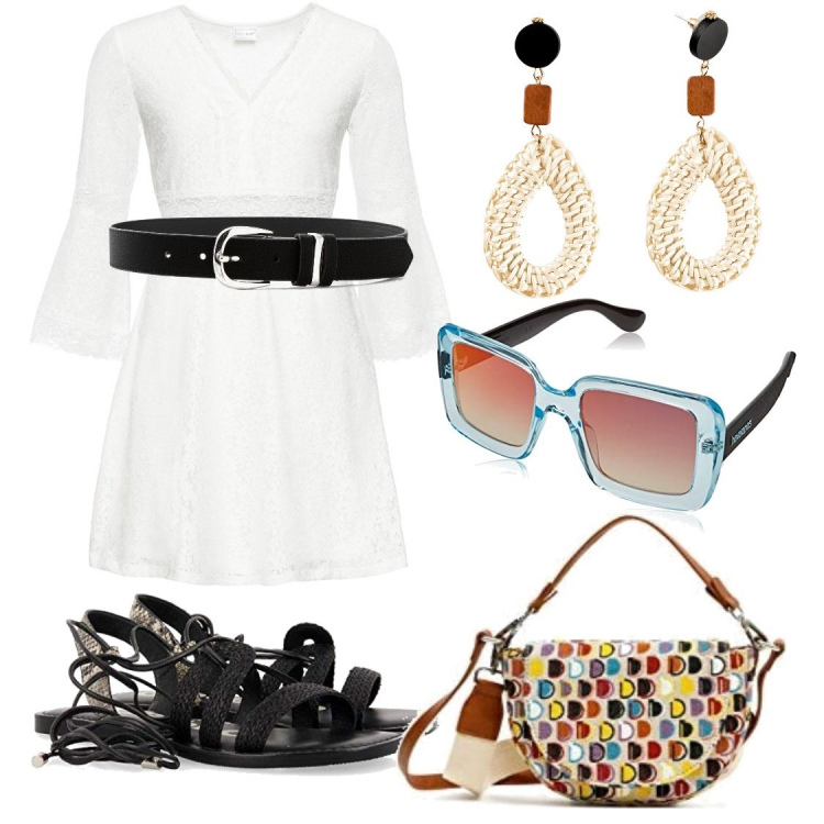 Outfit donna - Studio e Tempo libero. Stile Casual chic per Tutti i giorni. Abbinamento con cinture, vestiti, orecchini, borse a tracolla, sandali alla schiava, occhiali da sole.