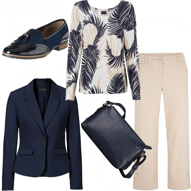Outfit donna - Un tailleur composto. Stile Chic per Ufficio. Abbinamento con blazer, pantaloni capri, maglieria, mocassini, borse a tracolla.