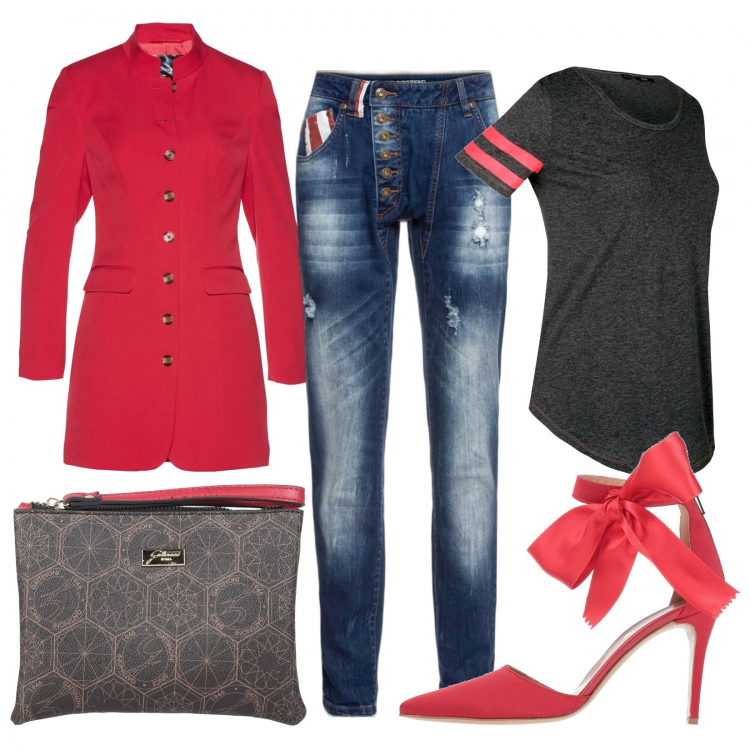 Outfit donna - Curvy proud con le scarpe rosse. Stile Glamour per Serata fuori. Abbinamento con borse a mano, décolleté, t-shirt sportive, blazer, jeans boyfriend.