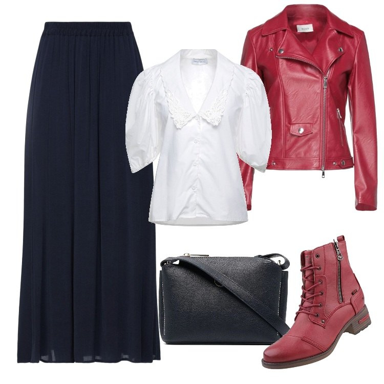 Outfit donna - Colombina Rock (vegan look). Stile Urban per Tutti i giorni. Abbinamento con camicie a manica corta, giacche, gonne lunghe, borse a tracolla, stivaletti.