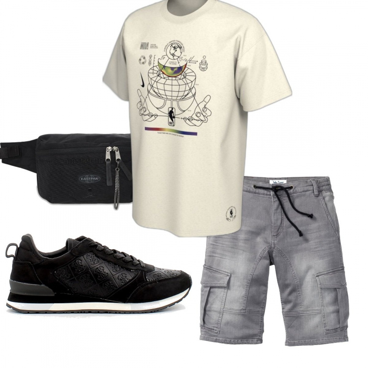 Outfit uomo - Casual #23008. Stile Casual per Tutti i giorni. Abbinamento con bermuda, sneakers, borse sportive, t-shirt.