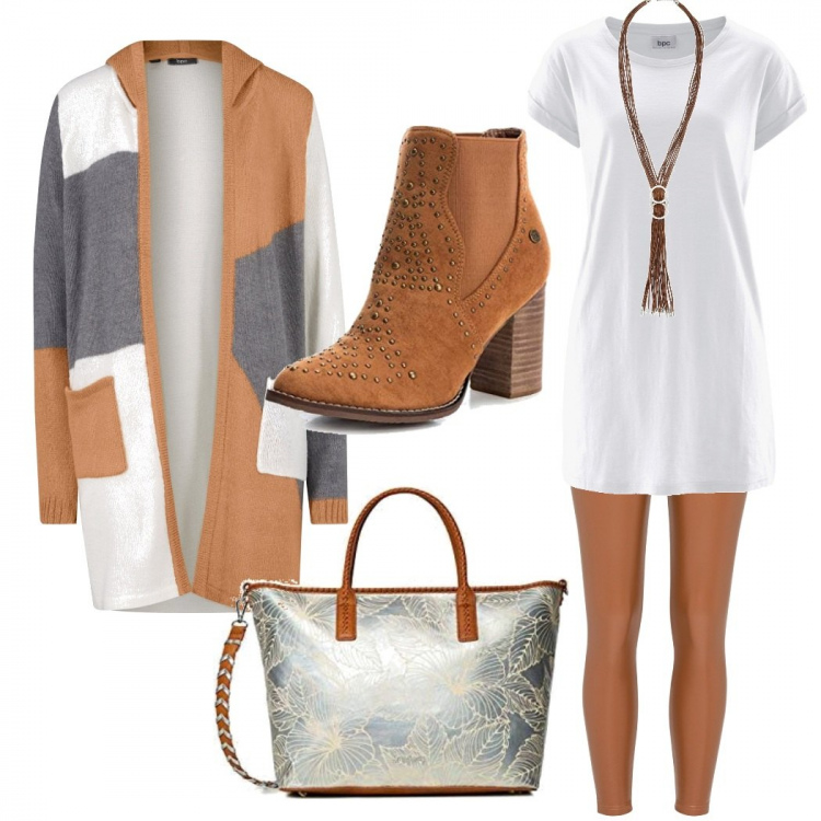 Outfit donna - Total look #1150419. Stile Basic per Ufficio. Abbinamento con t-shirt, leggings, cardigans, stivaletti, collane, shopping bag.
